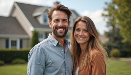 Fototapeta premium Happy couple smiles in front of their new house. This adult pair enjoys home ownership and a beautiful outdoor setting. They represent affection and a loving relationship, embodying lifestyle goals.