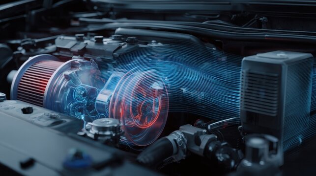 car engine bay with air conditioning compressor highlighted, subtle energy flow visualization, realistic lighting, technical educational style, clean