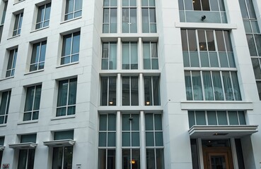 Modern white building exterior repeating geometric window patterns. Clean facade design with glass panes reflects building symmetry. Office apartment block features minimalist urban architecture.