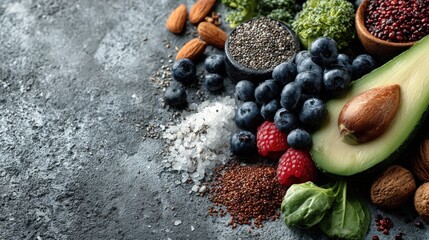 Healthy food selection including fresh fruit, leaf vegetable, seeds, superfood, cereal and vegetable arrangement on gray concrete table