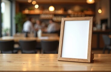 Empty wooden frame rests on restaurant table. Blurred background shows cafe interior with friends and warm lighting. Use for menu updates, specials or event notices.