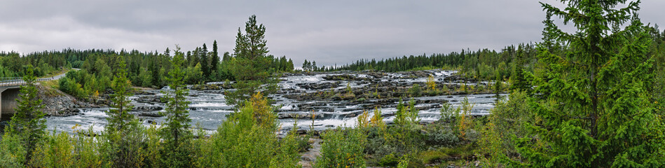 Rabacken river rapids flowing through boreal forest in Sweden Lapland