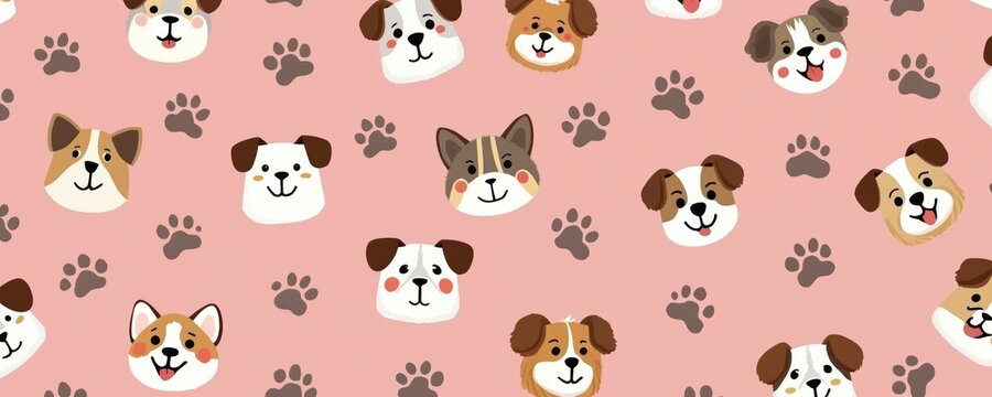 Cute cartoon dog faces, paw prints in repeating pattern. Illustration features happy puppies on pink background. Great for pet themed designs, kids products, party decorations. Fun, playful canine