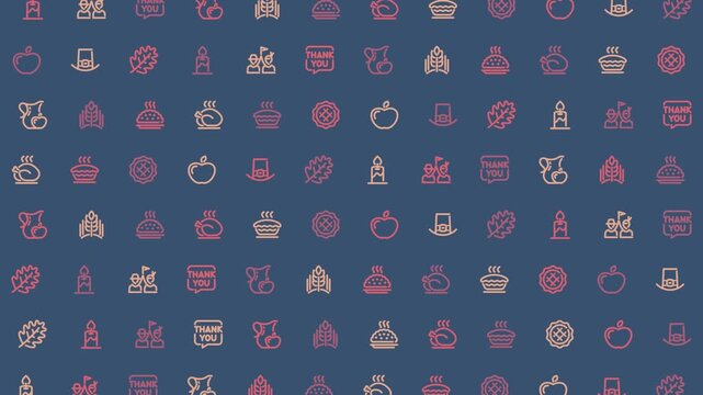 Thanksgiving pattern animation with food, leaves, and Pilgrim icons