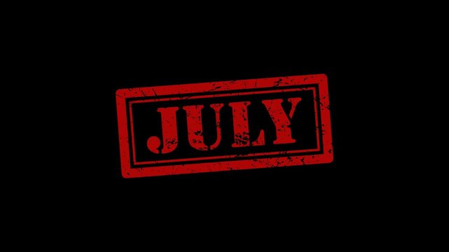 Red July grunge stamp animation with rough distressed texture isolated on transparent background with alpha channel, calendar month label for timelines, schedules, date transitions, branding