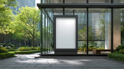 Blank advertising billboard stands on a modern city street with glass building and green landscaping, providing space for custom advertisement