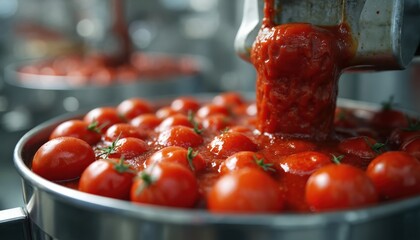 Tomatoes move through automated ketchup production line in food factory. Red paste pours into container with fresh tomatoes, processing for sauce. Industrial food manufacture.