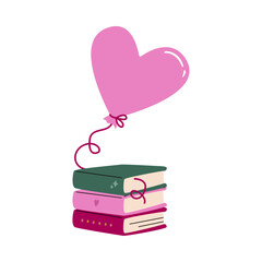 Heart-shaped balloon tied to a stack of books. Valentine's Day gift. 