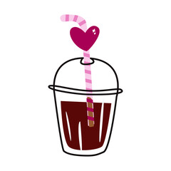 Takeaway coffee cup with heart-shaped straw. Tea in a clear glass. Cappuccino in a plastic container