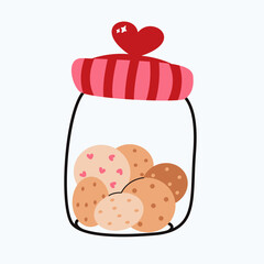 Cookie container filled with biscuit, decorated with heart details. Glass jar with a pink-red striped lid. Isolated on white background. 