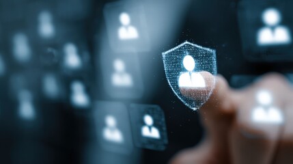 User interacts with digital workplace safety interface, data protection shield is featured to represent secure employee management