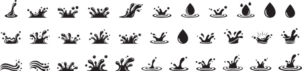 Water splash silhouette icons set with droplets and splash shapes, black isolated liquid motion collection
