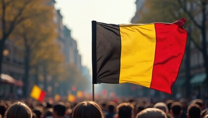 Belgian flag waves over blurred city crowd with trees. People celebrate event outdoors, showing national pride. Black yellow red banner is focus. Urban background.