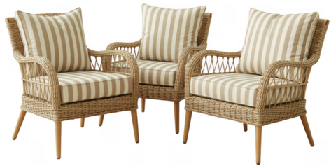 Three Wicker Chairs with Striped Cushions isolated on a transparent background furniture