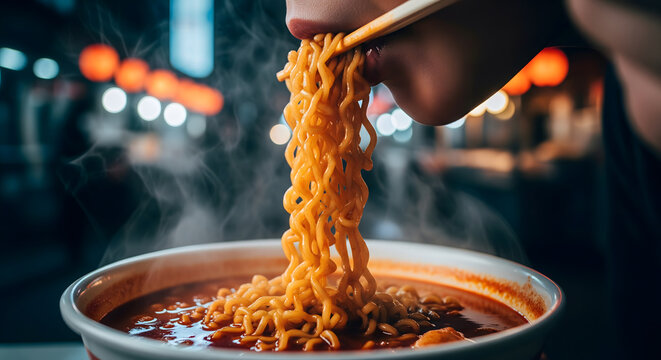 Close-up of person slurping hot ramen noodles with chopsticks