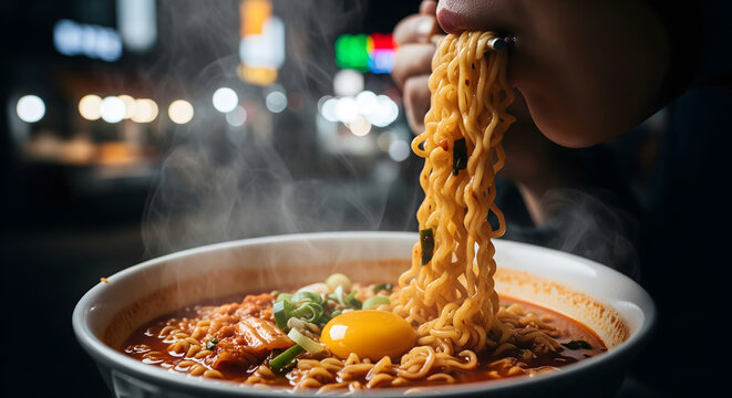 Person slurping hot ramen noodles with egg and green onion