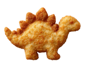 Golden brown dinosaur-shaped chicken nugget isolated against a transparent background