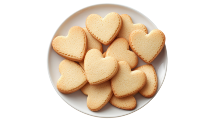 Heart shaped cookies on white plate isolated on transparent background top view