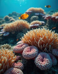Underwater view of vibrant coral reef with small orange fish swimming. Diverse marine life thrives in clear blue ocean water. Submerged ecosystem full of life, natural beauty.