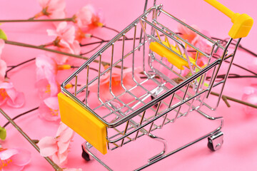 カートと桜で新生活の買い物のイメージ