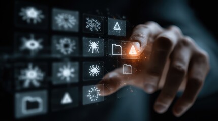Hands interact with digital files and cyber alerts for protection from malware, viruses, spyware, and cyberattacks on computer networks and data systems