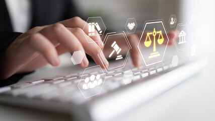 Concept of corporate legal services. Providing advice and ensuring compliance with laws and regulations through contracts, research, and representation in matters of justice. Fermion