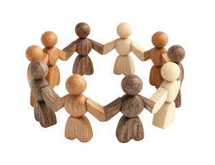 Diverse wooden doll figures holding hands in a circle, unity and community concept