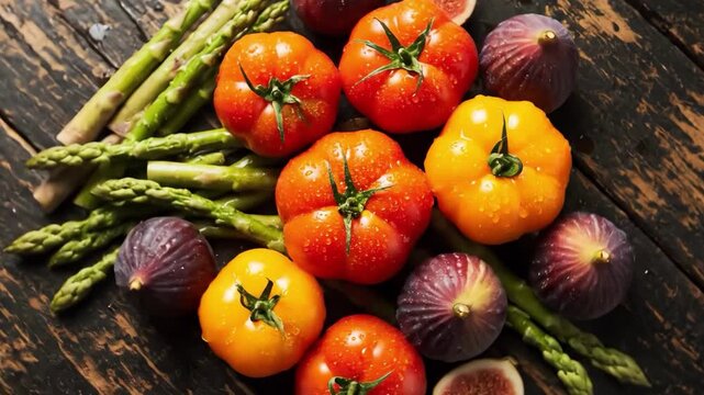 Freshly Harvested Organic Vegetables and Fruits on a Rustic Wooden Tabletop.