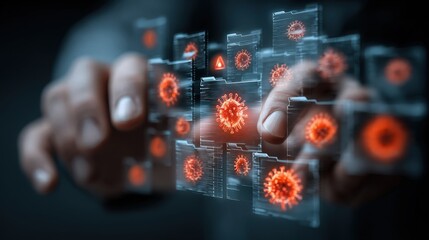 Hands interact with digital files and cyber alerts for protection from malware, viruses, spyware, and cyberattacks on computer networks and data systems
