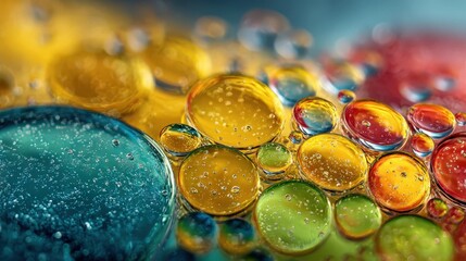 Gradient liquid droplets on colorful background form realistic oil bubble in water effect for phone wallpaper or abstract art, high quality