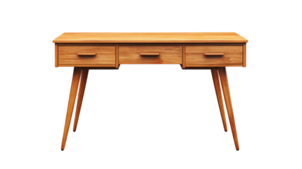 Mid century modern wooden desk with three drawers and tapered legs isolated