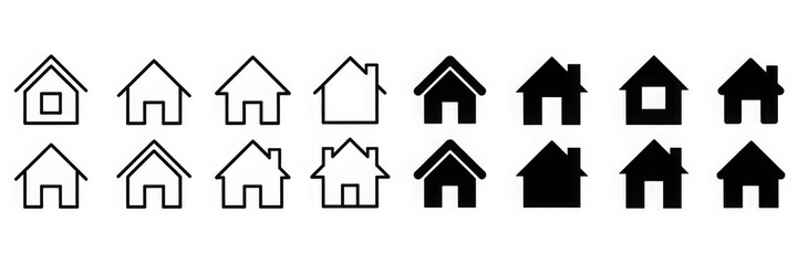 Collection home icons. House symbol. Set of real estate objects and houses black icons isolated on white background. Vector illustration. 
