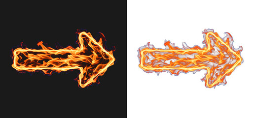 Flaming arrow direction sign made of fire for wayfinding and warning labels, navigation cue for advertising content, isolated pointer element for app screens and presentations with safety messaging