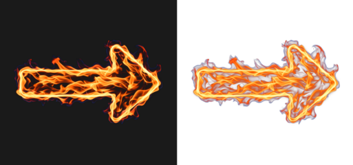 Flaming arrow direction sign made of fire for wayfinding and warning labels, navigation cue for advertising content, isolated pointer element for app screens and presentations with safety messaging