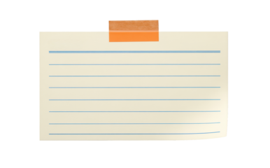 Lined index card taped at the top with blank ruled paper isolated for handwriting notes and checklist copy, stationery memo layout for business messaging and classroom flashcard text