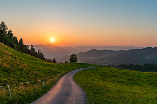 Sunset Glow on Winding Road near Schetteregg in the beautiful Bregenzerwald forest in Vorarlberg