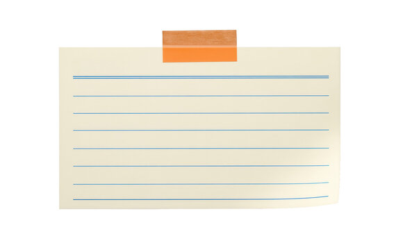 Lined index card taped at the top with blank ruled paper isolated for handwriting notes and checklist copy, stationery memo layout for business messaging and classroom flashcard text