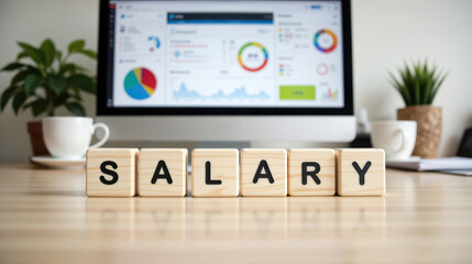 Payroll salary budgeting shown with letter blocks on a desk in front of an analytics dashboard, supporting compensation planning, wage benchmarking and finance reporting for management