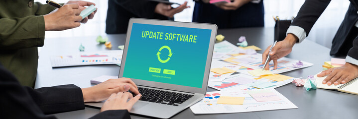 Analyst team use sticky note for creative and analytic brainstorm for business idea with BI data...