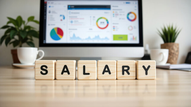 Payroll salary budgeting shown with letter blocks on a desk in front of an analytics dashboard, supporting compensation planning, wage benchmarking and finance reporting for management