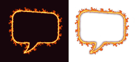 Burning fire speech bubble frame features a rectangular dialog box shape with hot orange flames to highlight urgent messages, hot topics, or intense discussions