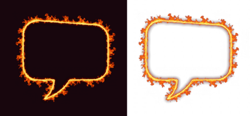 Burning fire speech bubble frame features a rectangular dialog box shape with hot orange flames to highlight urgent messages, hot topics, or intense discussions