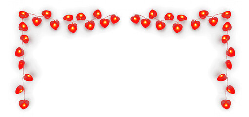 Heart-shaped string lights corner border features glowing red bulbs arranged to decorate romantic Valentine's Day greeting cards and wedding invitations