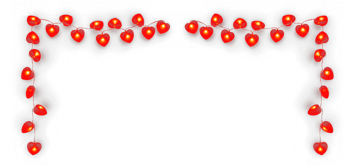 Heart-shaped string lights corner border features glowing red bulbs arranged to decorate romantic Valentine's Day greeting cards and wedding invitations