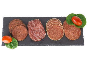 salami sausage platter slate black stone textured surface with cherry tomatoes and basil leaves on white background concept of food appetizer restaurant