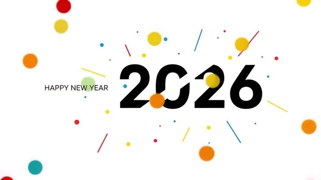 Happy new year 2026 greeting card design with colorful confetti background motion animated video.
