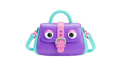 Cartoon Handbag with Eyes and Strap on White Background