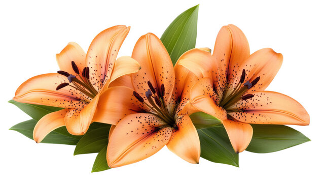 Three vibrant orange tiger lily flowers with green leaves isolated on a transparent background
