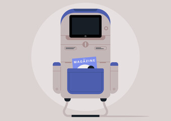 Relaxation is at hand with this stylish airplane seat seen from the back featuring a screen for entertainment and a pocket for magazines, perfect for long flights and passenger enjoyment