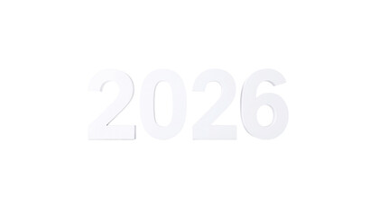 A clean, bright, high key studio shot highlights the white 3d numbers 2026 isolated on a pure white background.